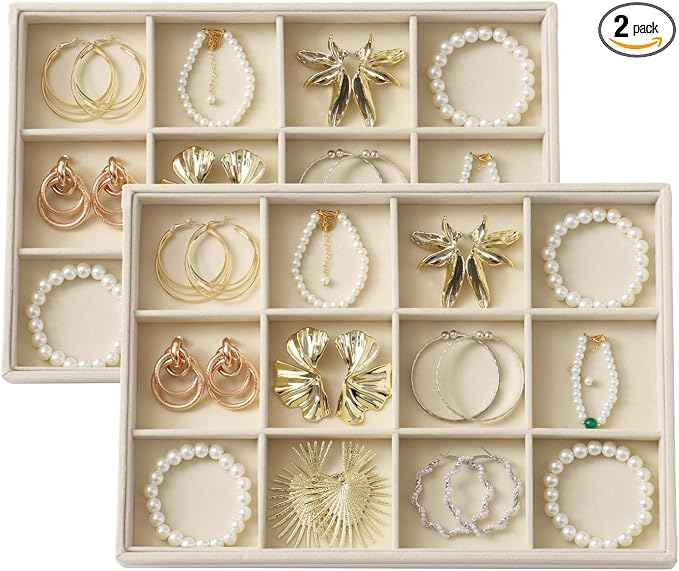Large Velvet Jewelry Tray 2 Pack Stackable Jewelry Display Drawer Inserts Trays Organizer for Earring Bracelet Necklace Ring (Beige, 12 Grids)