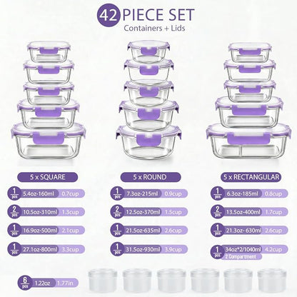 AMALEKO 42pcs Glass Food Storage Containers with Lids Set, 21 Containers & 21 Lids Glass Meal Prep Containers with Snap Locking Lid Set, Leak Proof Lunch Container BPA-Free,Purple