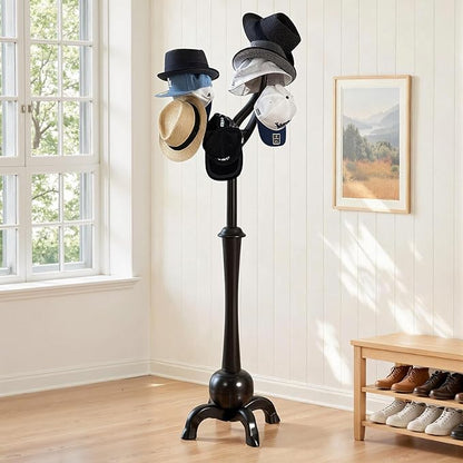 Wooden Coat Rack Freestanding with 8 Hooks, Heavy Duty Coat Hanger Stand with Stable Base, Vintage Coat Tree Standing Coat Racks for Entryway, Hallway, Bedroom (Black)