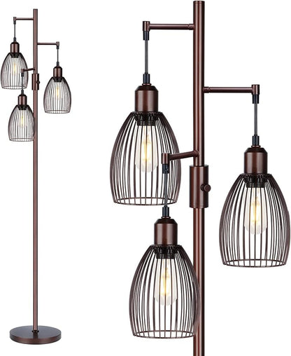 Torondo Dimmable Floor Lamp, Industrial Floor Lamps for Living Room, Brown Tree Lamp Standing Lamp Tall Lamps with 3 Elegant Teardrop Cage Head & 800 Lumens LED Bulbs for Living Room Bedroom Office