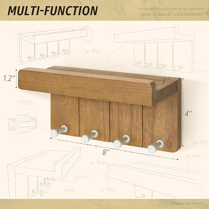 Rebee Vision Modern Farmhouse Key Holder Wall Mount - 8 inch Rustic Key and Mail Holder for Wall with 4 Hooks and Small Floating Shelf - The Perfect Aesthetic Stuff in Your Apartment (Light Brown)