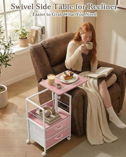 Faesun Swivel Lift Top Nightstand with Charging Station, Rolling Side Table for Recliner, Bedside Table with Wheels & 2 Fabric Drawers, for Small Spaces, for Bedroom, Living Room, Pink