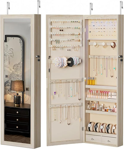 DUMOS Jewelry Armoire Cabinet with Full Length Mirror, 47.2" Tall Wall Mounted or Over the Door Jewelry Organizer with 33 Necklace Hooks, Lockable Large Capacity Jewelry Armoire with Drawers, Khaki