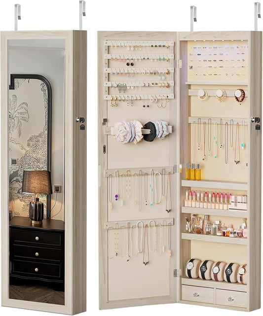 DUMOS Jewelry Armoire Cabinet with Full Length Mirror, 47.2" Tall Wall Mounted or Over the Door Jewelry Organizer with 33 Necklace Hooks, Lockable Large Capacity Jewelry Armoire with Drawers, Khaki