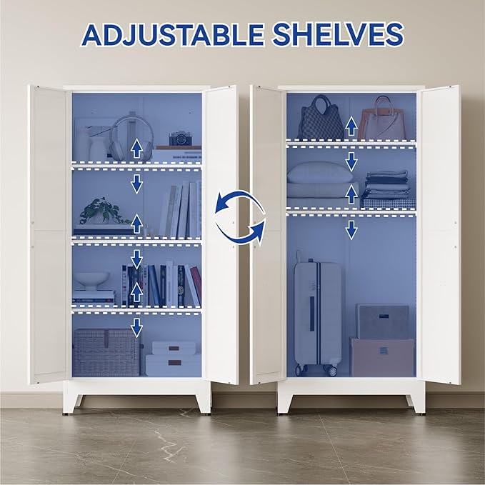 COFaR Farmhouse Kitchen Pantry Cabinet, 61 in Tall Metal Storage Cabinet with 3 Adjustable Shelves and 2 Barn Doors, Freestanding Cupboard for Garage Kitchen Office Bathroom Laundry, White 4 Tiers