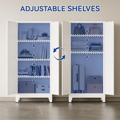 COFaR Farmhouse Kitchen Pantry Cabinet, 61 in Tall Metal Storage Cabinet with 3 Adjustable Shelves and 2 Barn Doors, Freestanding Cupboard for Garage Kitchen Office Bathroom Laundry, White 4 Tiers