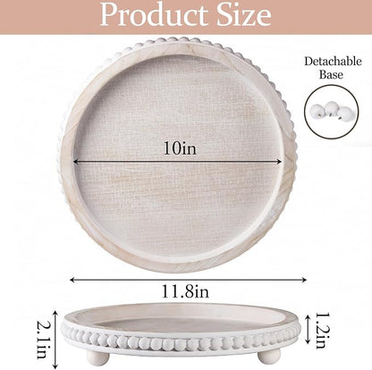 Decorative Coffee Table Tray, 12 Inch White Washed Wooden Beaded Tray with Removable Legs, Rustic Farmhouse Centerpiece Tray for Living Room, Kitchen Counter Decor