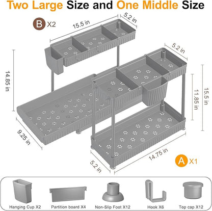 Sevenblue 3 Pack Multi-Purpose Pull-Out Storage Organizers, 2-Tier L-Shaped Under Sink/Cabinet Organizers and Storage for Bathroom & Kitchen,Grey,14.85 Inch