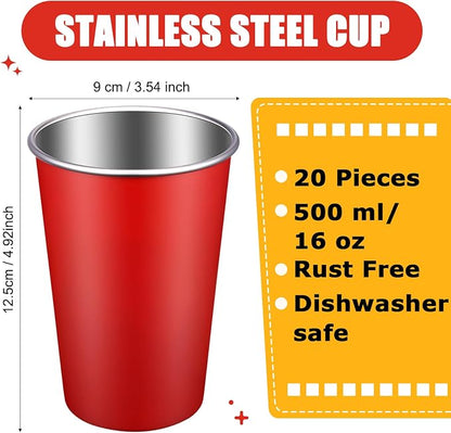 Mimorou 20 Pack 16 oz Stainless Steel Pint Cups Metal Cups Unbreakable Drinking Water Tumblers Stackable Tumbler for Adults Bar Home Restaurant Travel Picnic Camping Outdoor (Red)
