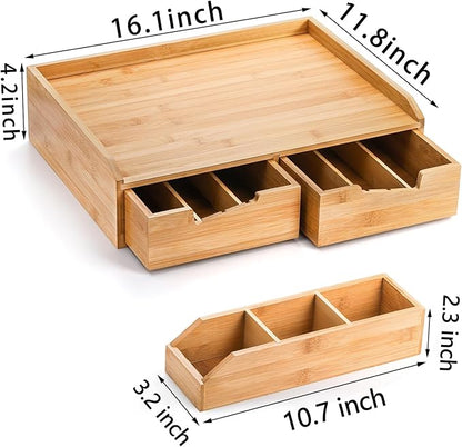 SOUJOY Bamboo Drawer Organizer for Coffee Pod, K Cup Organizer for Counter, Tea Bag Storage Organizer with Drawer and Side Storage Box for Kitchen Office Coffee Bar