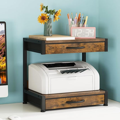 VENNQD 2-Tier Desktop Printer Stand with 2 Fabric Drawers, Prtiner Table with Storage Shelf, Desk Organizer for Home Office,3D Printer,Fax Machine,Scanner (Brown, 2 Tier)