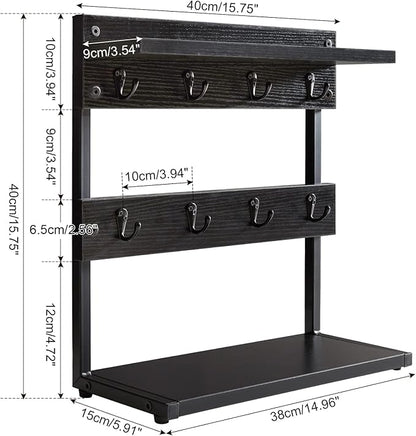 IBUYKE Rustic Coffee Mug Holder Stand, 2 Tier Countertop Mug Tree Holder Rack with Storage Base, Vintage Mug Holders for Kitchen, Holds 8 Mugs, Black UTBJ002B