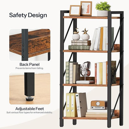 HOOBRO Bookshelf, 4-Tier Industrial Bookcase, Book Shelf Storage Organizer, Small Bookshelf with Metal Frame for Living Room, Bedroom, Home Office, Kitchen, Rustic Brown and Black BF40SJ01