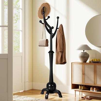 Wooden Coat Rack Freestanding with 8 Hooks, Heavy Duty Coat Hanger Stand with Stable Base, Vintage Coat Tree Standing Coat Racks for Entryway, Hallway, Bedroom (Black)