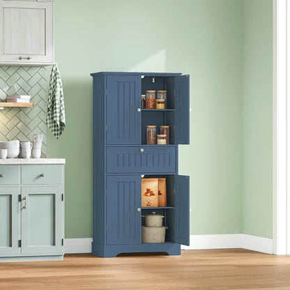ChooChoo 51" H Tall Bathroom Floor Cabinet, Modern Bathroom Storage Cabinet with Drawer and Adjustable Shelves, Freestanding Kitchen Pantry Cupboard with 4 Doors for Living Room, Blue
