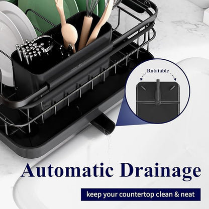 Kitsure Dish Drying Rack for Kitchen Counter, Stainless Steel Sink Organization and Storage Essentials with Cutlery Holder, Home and Appartment Decor, 12.2''W x 15.7''~23''L, Black
