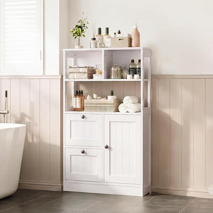 GRUSIGN Bathroom Storage Cabinet with Door and Drawers, Small Freestanding Bathroom Cabinet Organizer, Farmhouse Wooden Cupboard with Adjustable Shelves for Kitchen, Living Room, White