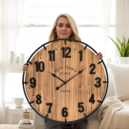 MICWIC 30 Inch Farmhouse Wall Clock Large Old Town Vintage Rustic Wooden Clock with Metal Rim and Large Numerals, Silent Battery-Operated for Office, Kitchen, Bedroom, and Living Room
