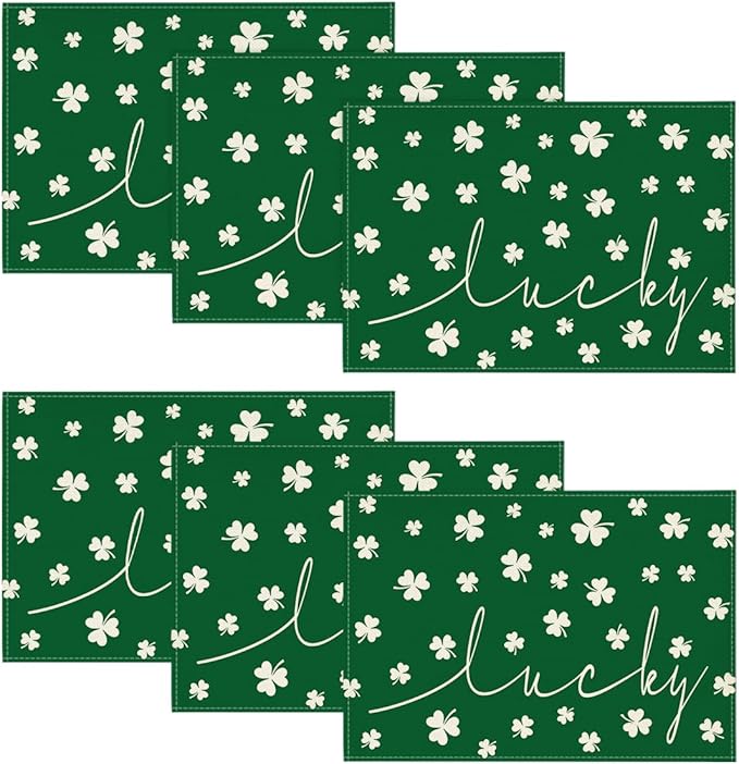 Artoid Mode Green Lucky Shamrock St. Patrick's Day Placemats Set of 6, 12x18 Inch Seasonal Spring Table Mats for Party Kitchen Dining Decoration
