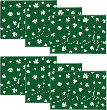 Artoid Mode Green Lucky Shamrock St. Patrick's Day Placemats Set of 6, 12x18 Inch Seasonal Spring Table Mats for Party Kitchen Dining Decoration