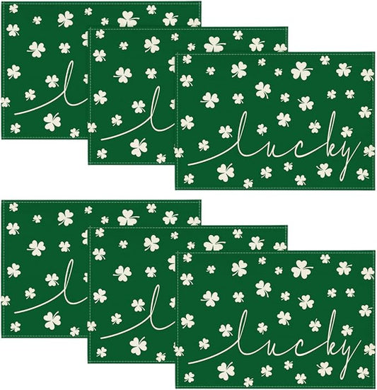 Artoid Mode Green Lucky Shamrock St. Patrick's Day Placemats Set of 6, 12x18 Inch Seasonal Spring Table Mats for Party Kitchen Dining Decoration