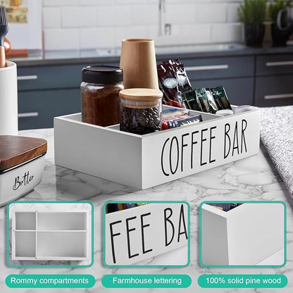 ALELION White Coffee Station Organizer with Removable Dividers – Wooden Coffee Bar Countertop Organizer for Pods, Stirrers, Sugar Packets & Lids, Kitchen, Office, Café Use