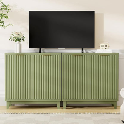 Fluted Cabinet with Storage, 2 Doors Sideboard Buffet, Mid Century Modern Accent Cabinet with Adjustable Shelves, Multifunctional Console Table with Storage for Living Room, Kitchen, Entryway, Green