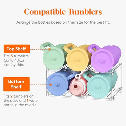 Lifewit Stackable Bottle Storage Organizer, Clear Freestanding Wine Holder for Cabinet, Large Slot Water Bottle Tumbler Cup Organizer for Pantry, Plastic Wine Rack for Fridge Cellar, 2Tier Hold 6