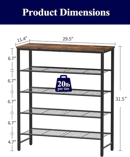 Kitsure Shoe Rack for Closet, Rustic Brown Shoe Organizer with Leveling Feet, Sturdy & Rust-Proof Shoe Storage for Entryway, Bedroom, Living Room, 29.5" x 11.4" x 31.2", Brown