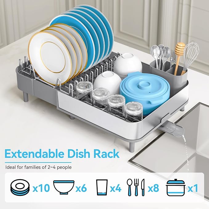 Urackify Dish Drying Rack - Dish Drainer for Kitchen Counter, Stainless Steel Dish Rack with Swivel Draining Spout & Drain Board, Expandable Space-Saving Kitchen Dish Organizer for 3-4 People, Grey