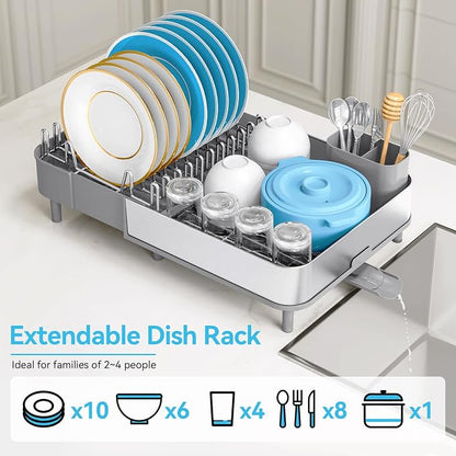 Urackify Dish Drying Rack - Dish Drainer for Kitchen Counter, Stainless Steel Dish Rack with Swivel Draining Spout & Drain Board, Expandable Space-Saving Kitchen Dish Organizer for 3-4 People, Grey