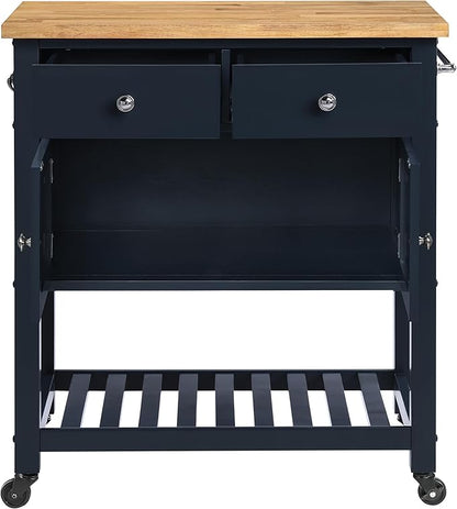 OSP Home Furnishings Stirling Farmhouse Kitchen Cart, Rolling Storage Cabinet with Drawers, Shelf, 5 Utility Hooks, Dark Blue with Natural Wood Top