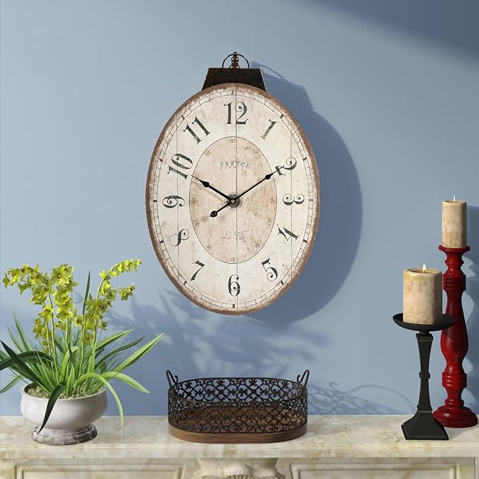 MODE HOME Large French Country Oval Wall Clock for Living Room Decor, 18 x 29 Inch Rustic Farmhouse Wall Clock Decorative, Solid Wood Frame with Iron Hanging Ring, Silent Non-Ticking Battery Operated
