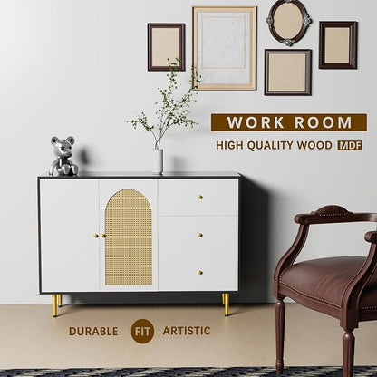 47 Inch Buffet Cabinet with Storage, Sideboard Entryway Cabinet, Buffet Table with Drawers and 2 Rattan Doors, Sideboard Coffee Bar Cabinets with Adjustable Shelf for Kitchen, Living Room