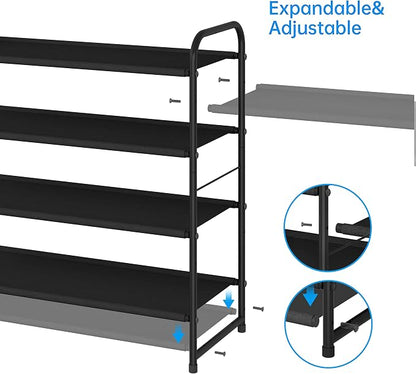 Simple Trending 4-Tier Stackable Shoe Rack, Expandable & Adjustable Fabric Shoe Shelf Storage Organizer, Black