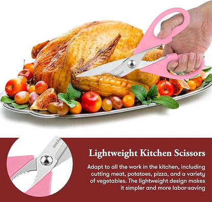 iBayam All Purpose Kitchen 2 Pack Heavy Duty Food Meat Poultry Shears with Protective Sheath, Dishwasher Safe, Comfort-Grip Cute Aesthetic Scissors Gift for Women Mom Wife Her Couple Pastel Pink