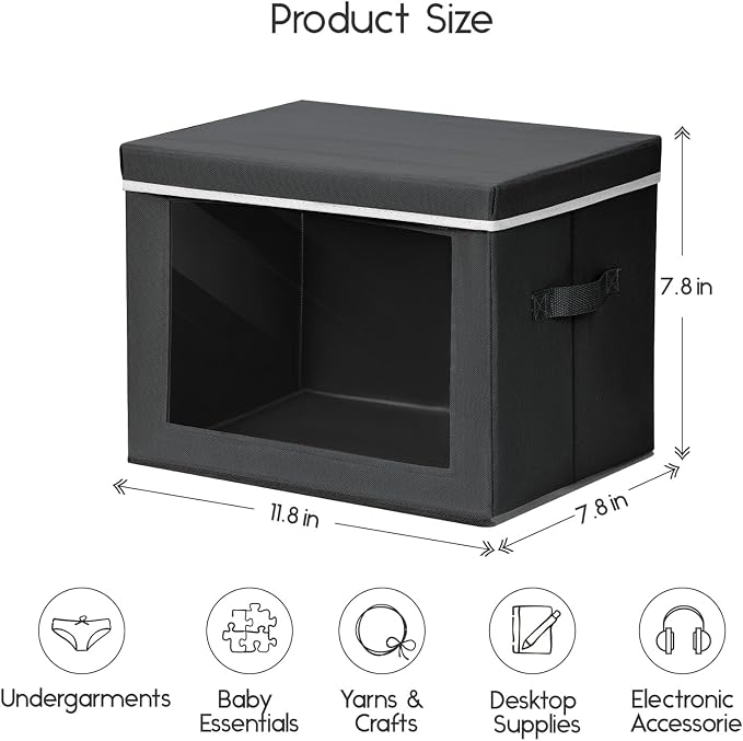 Homsorout Storage Bins with Lids - Small Fabric Organizers with Window, Collapsible Storage Bins for Clothes, Decorative Closet Organizers for Towels, Tshirt, 3 Pack, Black