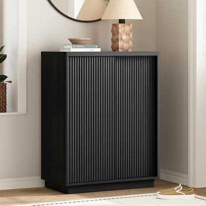 Fluted Shoe Cabinet with Sliding Door, 6-Tier Large Hidden Storage Organizer Modern Shoe Rack with Adjustable Shelves, Mid Century Freestanding Wooden Shoe Storage Cabinet for Entryway,Black