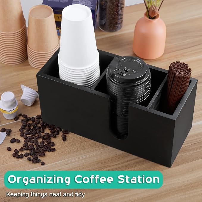 ALELION Large Black Coffee Cup Organizer for Disposable Cups, Lids and Stir Sticks - 3-Compartment Countertop Cup Holder Storage Rack for Coffee Station, Kitchen, Office