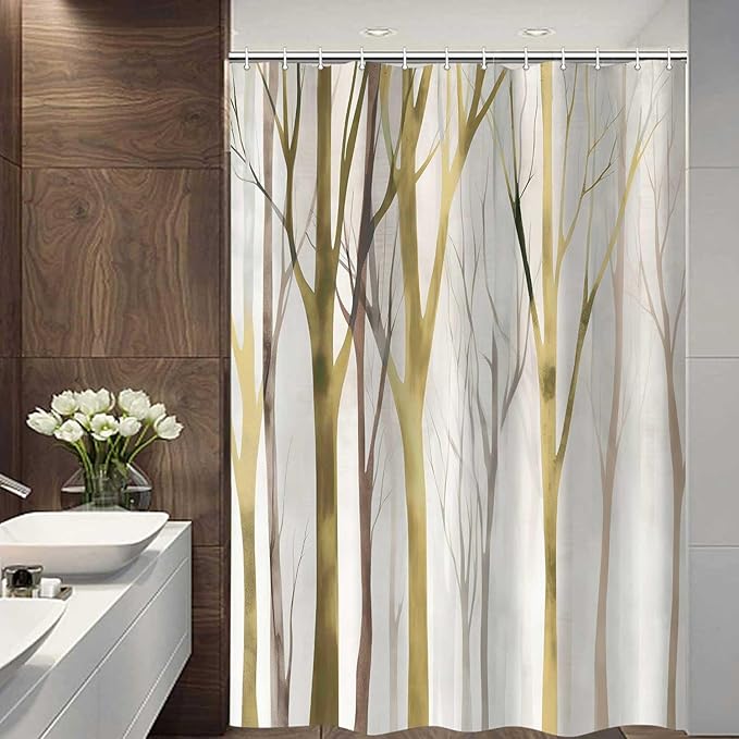 MERCHR Brown Yellow Tree Fabric Shower Curtain, Art Style Abstract Birch Forest Rustic Wood Polyester Fabric Waterproof Bath Curtain, Farmhouse Bathroom Shower Curtains with Hooks 47X64 Inch