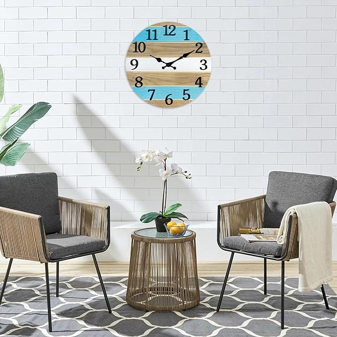 Solid Wood Wall Clocks Battery Operated 12 Inch Blue Rustic Wall Clocks for Living Room Decor Analog Farmhouse Wall Clock Non Ticking