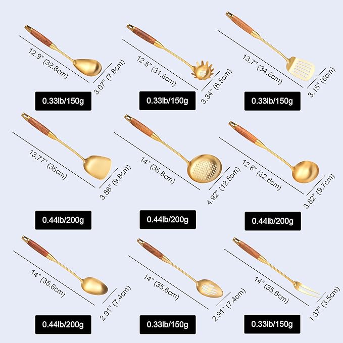Gold Kitchen Utensils Set, 9 PCS 18/10 Stainless Steel Cooking Utensils with Wood Handle, Solid and Slotted Spoon, Fork, Spatula, Ladle, Skimmer, Slotted Tunner, Spaghetti and Large Spoon