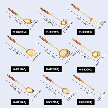 Gold Kitchen Utensils Set, 9 PCS 18/10 Stainless Steel Cooking Utensils with Wood Handle, Solid and Slotted Spoon, Fork, Spatula, Ladle, Skimmer, Slotted Tunner, Spaghetti and Large Spoon
