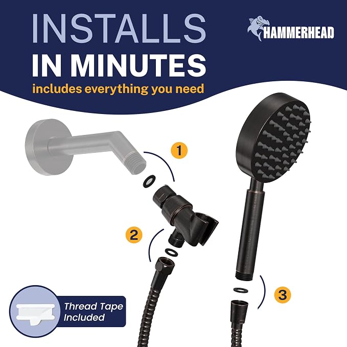 HammerHead Showers® Solid Metal Handheld Shower Head with Hose and Brass Holder - OIL RUBBED BRONZE - 2.5 GPM High Pressure Shower Heads with Adjustable Shower Wand Bracket - 6ft Flexible Extension