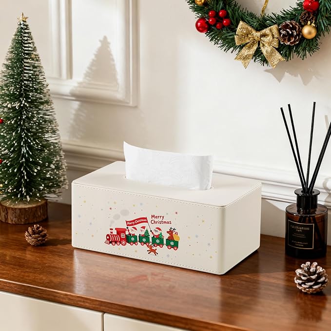 Square Christmas-Themed Tissue Box Cover with A Magnetic Bottom,A Stylish Leather-Decorated Tissue Holder for Living Rooms, Bedrooms, and Office Desks (White Rectangle)