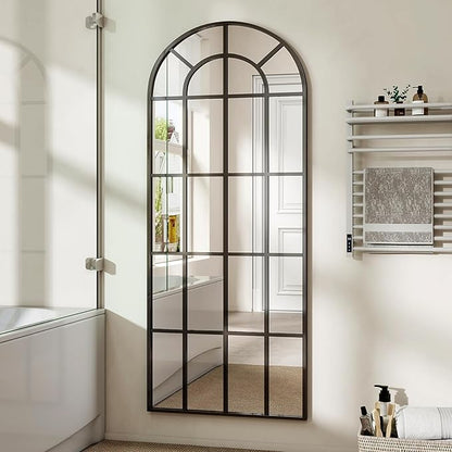 25"×69" Windowpane Arched Full Length Mirror, Grid-Designed Decorative Farmehouse Full Body Floor Mirror with Metal Frame Hanging Leaning for Entryway, Living Room, Home Decor, Black