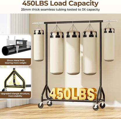 HYSEYY Heavy-Duty 450LBS Capacity Metal Clothes Rack，Rolling Clothing Rack with Wheels & Shelves, Portable Standing Wardrobe Rack for Hanging Clothes, Black (Black, L)