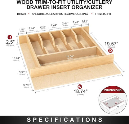 Clikuutory Natural Birch Wood Utensil Drawer Insert Organizer with 9 Compartments, Space-Saving Sturdy Drop-In Cutlery Divider Tray, Kitchen Cabinet Storage for Silverware, Spoons, Forks and Knives