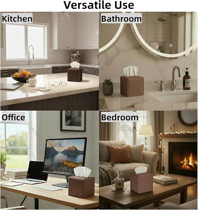 Tissue Box Cover 2-Pack, Square Tissue Holder with Bottom Belt, Modern Tissue Case Facial Paper Organizer Dispenser for Bathroom, Office, Home, Table, Car, Woven Pattern Brown