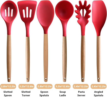IOCBYHZ Kitchen Cooking Utensils Set 6Pcs Heat Resistant Silicone Kitchen Utensils Spatula Spoon Turner Ladle w Wooden Handle, BPA FREE Silicone Cooking Tool Gadget Set for Nonstick Cookware & Baking